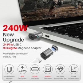 Adaptador magnético USB tipo C, 24 pines USB USB 4 USB tipo C macho a hembra compatible con transferencia de datos de 40 Gbps, carga rápida PD de 240 W, video de 8 K a 60 Hz (compatible con