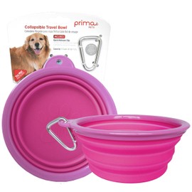 Prima Pet Collapsible Silicone Water Travel Bowl with Clip for Dog and Cat, Portable and Durable Pop-up Feeder for Convenient On-The-go Feeding - Size: Large (5 Cups) Pink