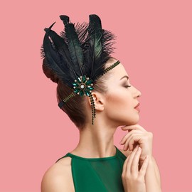howkuhat Women's 1920s Gatsby Feather Flapper Headband Rhinestone Pearl Headpiece Retro Hair Accessories For Prom Wedding Party Event (Green, One Size)