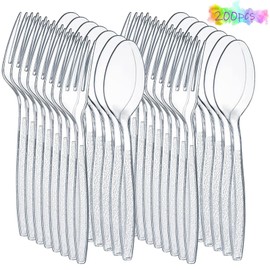 XUANZHI 200 Pack Clear Plastic Cutlery Set, 100 Plastic Forks and 100 Spoons, Heavy Duty Bulk Flatware Plastic Utensils Set, Ideal for Party, BBQ, Picnic, Home, Office and Restaurant Use