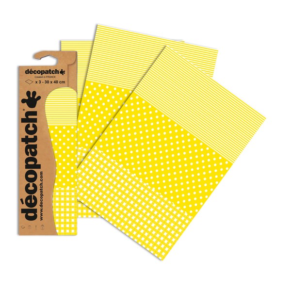 Decopatch Papers 395 x 298 mm Stripes Spots And Chequered Print, Pack of 3, Yellow/ White