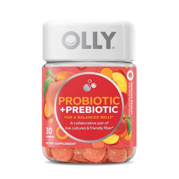 OLLY Probiotic + Prebiotic Gummy, 30 Day Supply (30 Gummies), Peachy Peach, Probiotics, Live Cultures, Prebiotic Fiber, Chewable Supplement