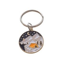 Camping Keychain; Mountain & Tent Under Night Sky Scene Charm Keychain