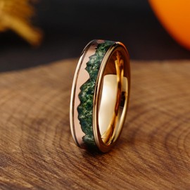 Oaineyia 6mm Green Moss Agate Stone Mountain Landscape Rose Gold Tungsten Rings for Women Men Promise Engagement Wedding Band (Rose Moss, 9)