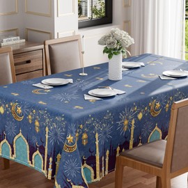 BOTB LIHM Eid Al-Fitr Ramadan Night Green Castle Lantern Stars and Moon Tablecloth Rectangle Washable Table Covers for Indoor Outdoor Dining Table Home Party Decorations 52x70 Inch
