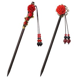 BLMHTWO Pack of 2 Hair Sticks, Vintage Hair Sticks, Chinese Hair Sticks with Flowers and Tassels, Handmade Wooden Hair Chopsticks, Hair Pins for Long Hair (A)