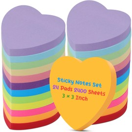 Leinuosen 24 Packs Cute Sticky Notes 3 Inch, 100 Sheets/Pad, Bright Colors Self-Stick Pads Multiple Colors Sticky Notes Gifts for Classroom Office Supply(Heart Shaped)