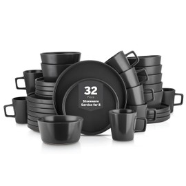 Stone Lain Celina Stoneware 32 Piece Dinnerware Set, Plates and Bowls, Black Matte Dish Collection, Service for 8 – Contemporary Minimalist Style, Microwave & Dishwasher Safe