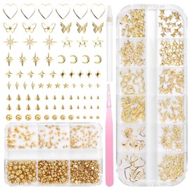 3D Goth Punk Nail Charms, Gold Nail Art Spike Metal Studs, Gold Flatback Pearls Beads Gems Star Cross Rivet Spike Balls Nail Charms Nails Pearls Charms for Nails DIY Crafts Accessories