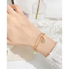 Daisy Beaded Chain Anklet for Women Girls Hypoallergenic Stainless Steel Dainty Layered Yellow White Enamel Sunflower Bracelets Anklet Adjustable Bohemian Summer Holiday Birthday Jewelry (Gold)