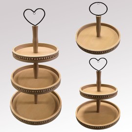 3 Tiered Tray Wooden Serving Stand Small Beaded Tray for Home Decor Display Farmhouse Country Decoration Kitchen or Dining. LIGHT BROWN