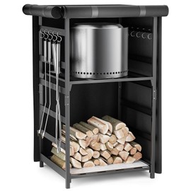 Storage Station 4.5ft for Solo Stove Yukon, Bonfire, Ranger and other Fire Pit Stove, Firewood Storage Cabinet with Waterproof Cover, Adjustable Firewood Rack for logs and Fire Pit Accessories