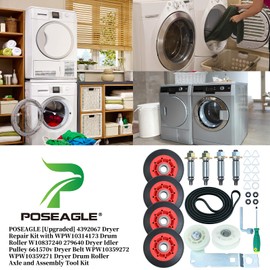 POSEAGLE [Upgraded] 4392067 Dryer Repair Kit with WPW10314173 Drum Roller W10837240 279640 Dryer Idler Pulley 661570v Dryer Belt WPW10359272 WPW10359271 Dryer Drum Roller Axle and Assembly Tool Kit