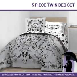 Jay Franco Wednesday Addams Twin Size Comforter Set - 5 Piece Bedding Includes Sheet Set & Pillow Covers - Black & White Gothic Super Soft Cozy Bedding