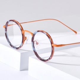 FONEX Acetate Titanium Glasses Frame Men 2024 New Round Eyeglasses Spectacles Eyewear F85844 (F85844 Orange)