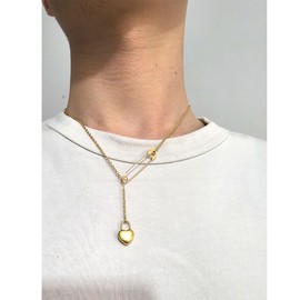 Heart Lockpad Lariat Necklace Pendant Stainless Steel Lock Safety Pin Necklace for Women Men Protection Jewelry Gift (02 Gold)