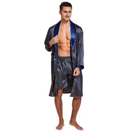 Tony & Candice Men's Satin Robe Lightweight Long Sleeve Silk Kimono Bathrobe with Shorts Set Sleepwear (Medium, Blue/Golden)