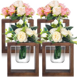 GlikCeil 4 Set Wood Cube Planter with Jars Boho Wooden Planter Propagation Vase Boxes Rustic Wood Square Plant Pots Centerpieces Plant Gifts for Women Mom Home Wedding Garden Decor