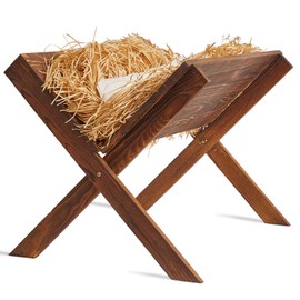 party greeting Finished Large Jesus Wooden Manger Religious Christmas Decor Nativity Scene Wooden Manger with Natural Hay Fabric Nacimiento De Jesus Accessory for Indoor Outdoor Home Decoration