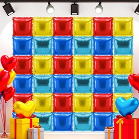 Charnoel 36 Pcs Hedgehog Birthday Decorations Balloons Brick Square Foil Balloons Wall Backdrop Arch Kit Double Sided Metallic for Cartoon Video Game Party Supplies(Red Yellow Blue)