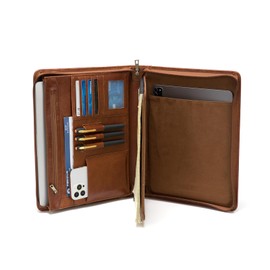 Geslun Genuine Leather Portfolio with Hidden Handle, Front Pocket, Business Padfolio Tablet/13” Laptop Organizer, Folio Document Cell Phone Holder, Professional Executive Folder, Brown, Oil Tanned