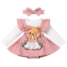FYMNSI Newborn Baby Girl Cotton Long Sleeve Party Dress with Headband Cartoon Clothing Set Autumn Spring Clothing, Dark pink, 6-9 months