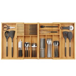 BAMEOS Expandable Silverware Drawer Organizer with Removable Knife Blocks, Bamboo Kitchen Utensil Holder from 21" to 36", Large Cutlery Tray with Divider for Forks, Spoons, Knives