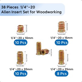 Ferrtitan 38Pcs 1/4"-20 Allen Threaded Inserts Set for Woodworking,Steel Hex Socket Drive Nut Inserts for Fastener Connector Wood Screw Color Zinc Plated Steel Furniture Nuts Hardware Insert Nut Kit