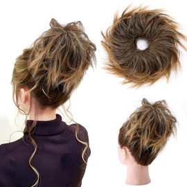 S-noilite Tousled Updo Messy Hair Bun Extension Scrunchie Updo Chignon Fluffy Messy Curly Wavy Bun Hair Pieces Ponytail Hairpiece for Women Girls(Medium Brown Mix Golden Blonde)