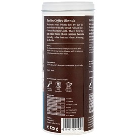 Berliner Kaffeerroastei Java Espresso (125 g/whole bean) with double lid can, roasting degree coffee: dark, 70% Arabica beans, aroma profile: nutty, sweet, spicy