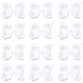 Oaoleer Big Hair Bows for Girls 12 PCS 6" White Grosgrain Ribbon Large Boutique Bow Alligator Clips Hair Accessories for Toddlers Little Girls Kids