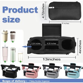 QOOWFEANIG Universal Stroller Organizer with Insulated Cup Holder 13.3×4.7×5.9in Large Capacity Phone Pocket & Detachable Shoulder Strap Stroller Accessorie Fits Compact Design Fits Any Strollers