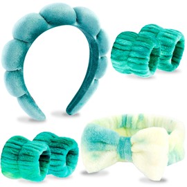 VELSCRUN Spa Headband, Makeup Face Wash Skincare Headbands, 6 Pcs Green Colorful Sponge Bow Tie Get Ready HairBand Facial Wristband Set, Stuff for Teen Girls Women Trendy Fashion Hair Accessories