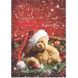 doodlecards Sister in Law Christmas Card Bear with Santa Hat Medium Size Christmas Card for Sister-in-Law with Plain Envelope