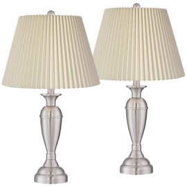 Regency Hill Blair Traditional Table Lamps 25" Tall Set of 2 Brushed Nickel Silver Metal Ivory Linen Fabric Knife Pleat Shade for Bedroom Living Room Bedside Nightstand House Home Office