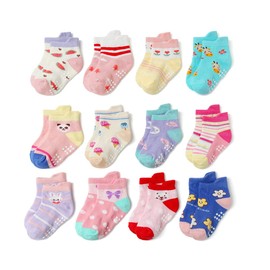 ZGKULAEAOW 12 Pairs Baby Socks, Baby Shows, Girls, Ankle Socks, Anti-Slip, Kids, Children, Crew Length Socks