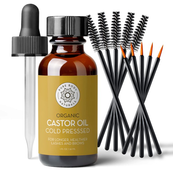 Organic Castor Oil for Eyelashes and Eyebrows with Applicator Kit, Brow and Eyelash Growth Serum by Pure Body Naturals, 1 fl oz