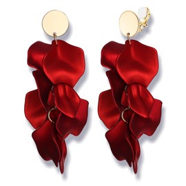 FIBO STEEL Flower Dangle Clip on Earrings for Women Acrylic Long Tassel Rose Petal Clip Earrings Non Piercing Boho Resin Red Statement Floral Drop Earrings
