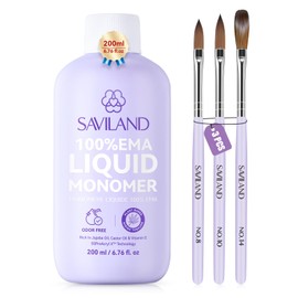 SAVILAND Advanced Acrylic Liquid with Acrylic Brushes Kit: 200 ml Low Odor Acrylic Monomer Liquid EMA Nail Monomer Liquid with 3 PCS Premium Acrylic Brushes Size (8/10/14) for Acrylic Nail Extension