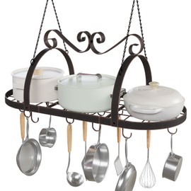 Hanging Pot Rack Ceiling Mount, 33" Metal Ceiling Pot Rack, Pan Hanging Rack with 15 S Hooks, Oval Pot and Pan Storage Rack, Decorative Vintage Brown Pot Hangers for Kitchen Organize Cookware Utensils