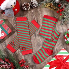 Geyoga Arm Warmers Leg Warmers for Women Striped Thigh High Socks Fingerless Gloves Striped Stockings(Red and Green)