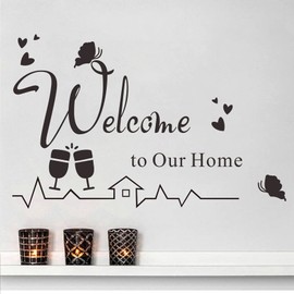 Welcome to Our Home Vinyl Wall Decals Removable House Wall Stickers Chalice Butterfly Art DIY Quotes Stickers for Living Room Salon Bedroom Home Decoration Wallpaper