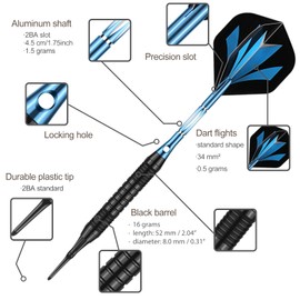 sanfeng Darts Plastic Tip Set with Black Barrel 18g for Electronic Dart Board with 50 Rubber O-Rings 6 Blue Alu Shafts Extra 50 Replacement Soft Tips Accessories