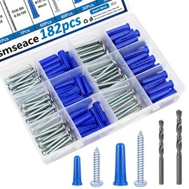 smseace 182PCS Concrete Anchors and Screws Kit, 90PCS Concrete Wall Anchors, 90PCS Self Tapping Concrete Screws and 2PCS Drill Bit Conical Concrete Wall Anchors and Screws