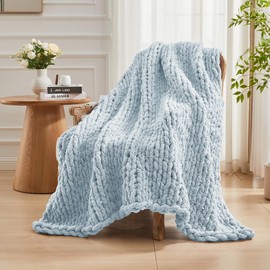 Carriediosa Chunky Knit Throw Blanket 60" X 80" Twin, 100% Hand Made Large Chenille Loop Yarn Soft Fluffy Throws for Couch Sofa Bed, Big Crochet Cozy Heavy Thick Cable Woven Blanket, Light Blue
