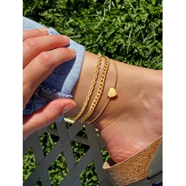 3Pcs Gold Anklets Waterproof Stainless Steel Cuban Link Layered Anklets for Women Non Tarish Gold Chain Anklet for Women Girls