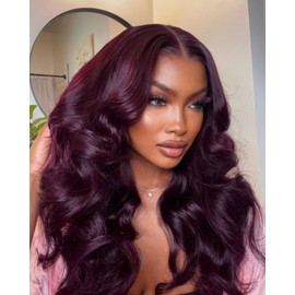 MOMOSHERO 99j Red Wine Colored 3 Bundles and 13x4 Ear to Ear HD Frontal Human Hair Body Wave 20 22 24+20 In, Soft and Glossy 12A Dark Burgundy Bundles with Frontal Free Part Pre Plucked 100% Remy Hair