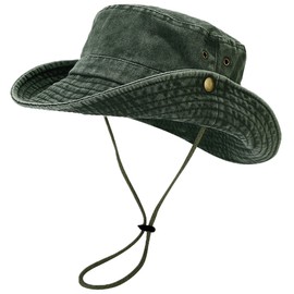 Unisex Cotton Boonie Hat Summer Outdoor Packable Fishing Bucket Hat Beach Sun Hat with String for Women Men (US, Alpha, One Size, Retro Army Green)