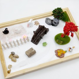 Cayway Mini Zen Sand Garden Kit, Mini Zen Garden Kit, Patio Sandbox Decorations Zen Decor Kit with White Sand, Model Trees, Mini Fences Chairs for Home Office Desktop Decor
