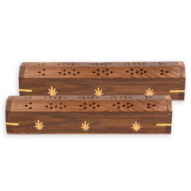 2 Pack - Incense Stick Holder - Coffin Style - Wood Incense Stick Burner with Kush Inlays (Natural) Handmade with Brass Inlays